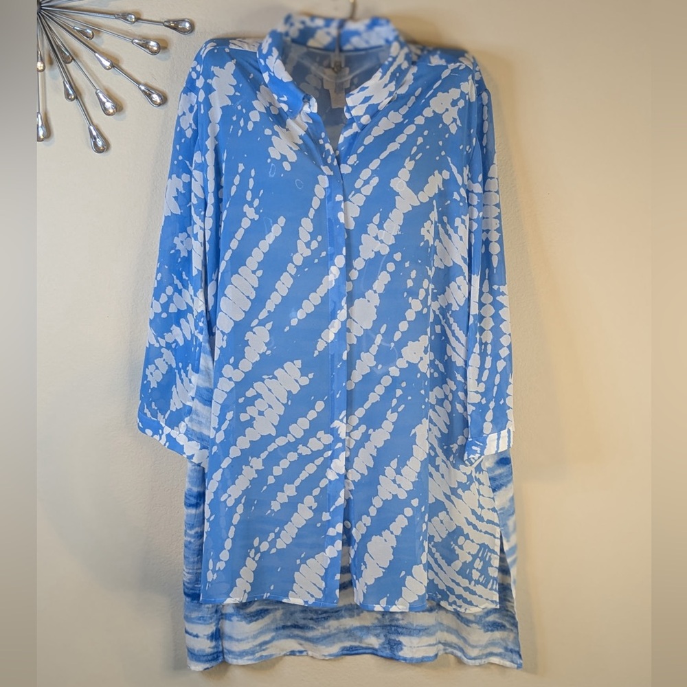 Chico's Blue White Mixed Media Button-Up Tunic Top Blouse Size Large